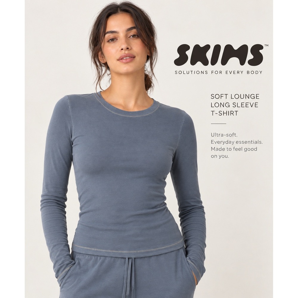 SKIMS Soft Lounge Long Sleeve T-Shirt Blue Modal Crew Neck Top Size Medium